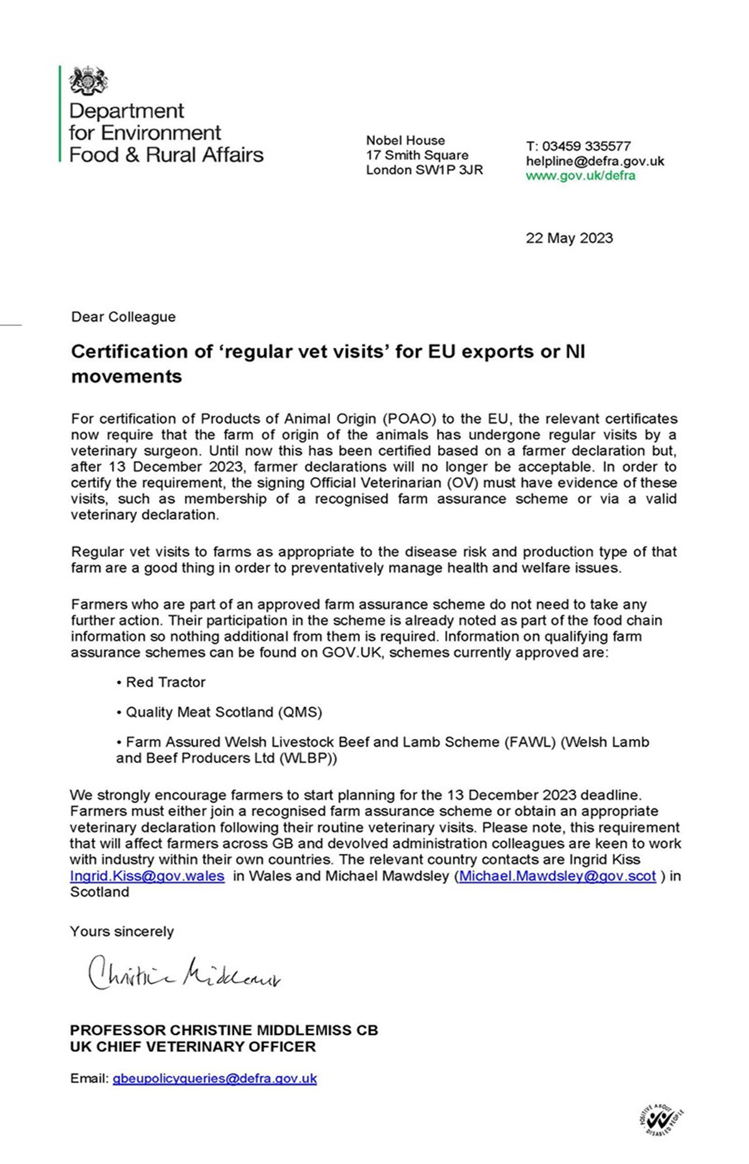 DEFRA letter